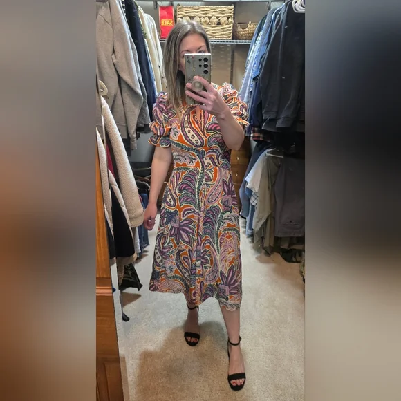 Tyler Boe Womens Dress Size Small Silk Purple And Orange Paisley Puff Sleeves - Picture 2 of 16